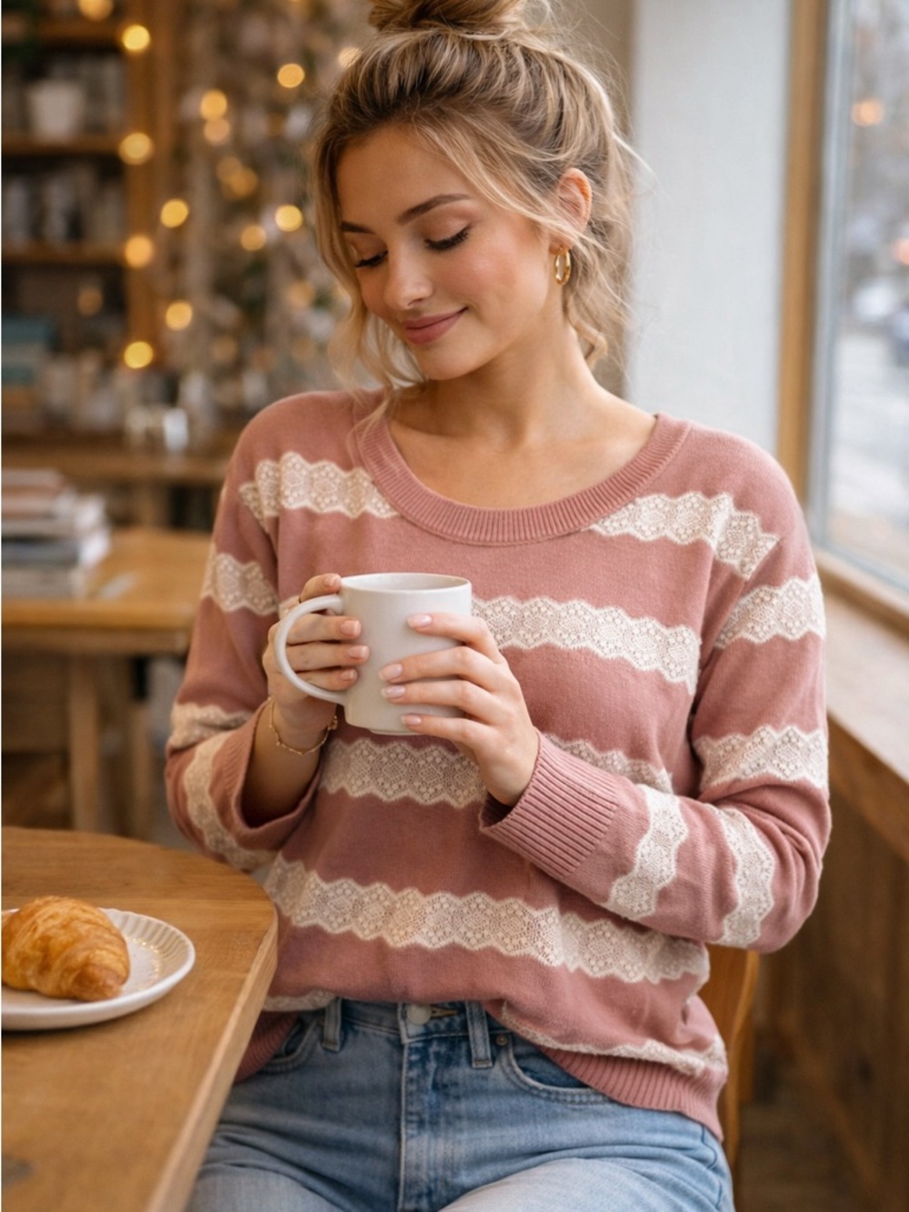 American Eagle Lace Stripe Sweater XS Pink Cream Soft Girl Cottagecore Knit